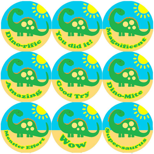 144 Big Green Dinosaur 30mm Round Children's Reward Stickers for Teachers or Parents