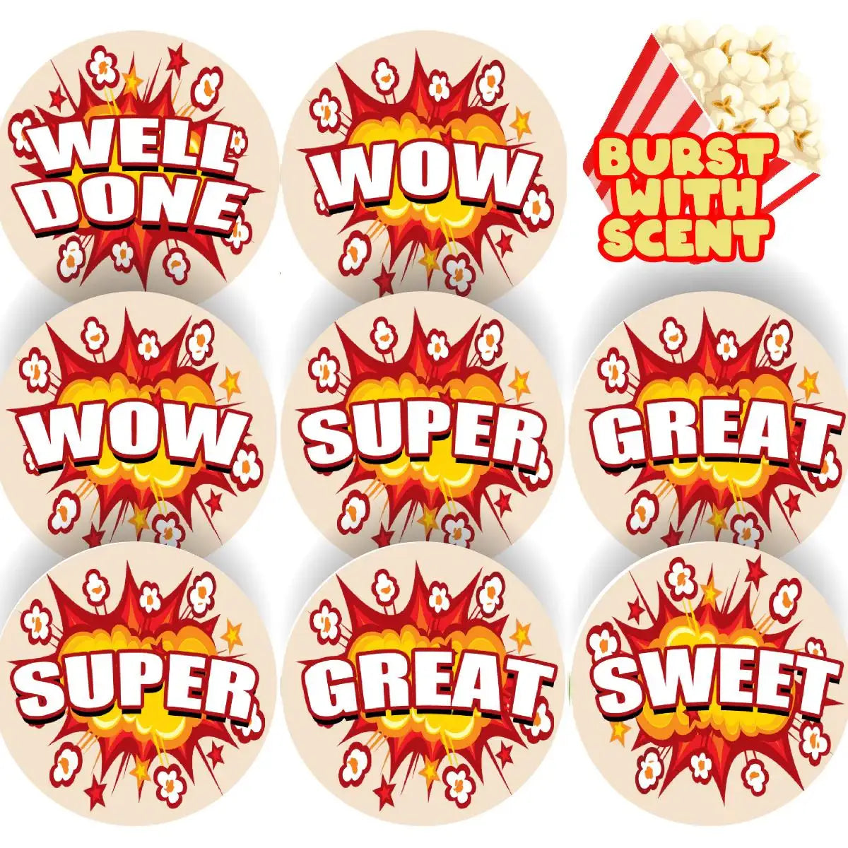 Popcorn Word Sticker 120 Popcorn Praise Words Themed Popcorn Scented Teacher Reward Stickers ...