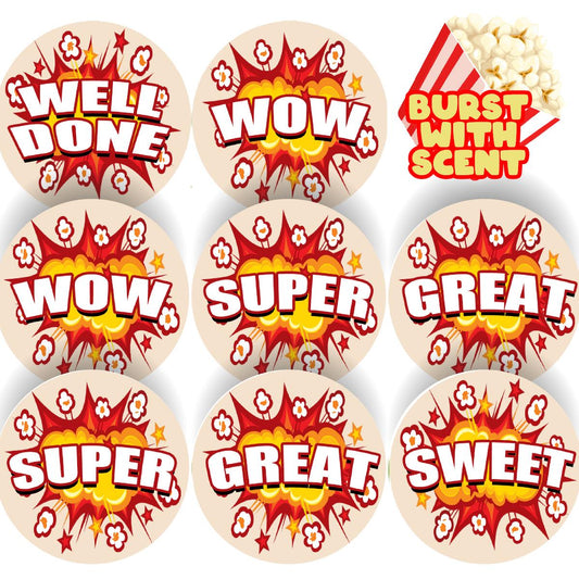 120 Popcorn Praise Words 30mm Popcorn Scented Reward Stickers for Teachers, Parents and Party Bags