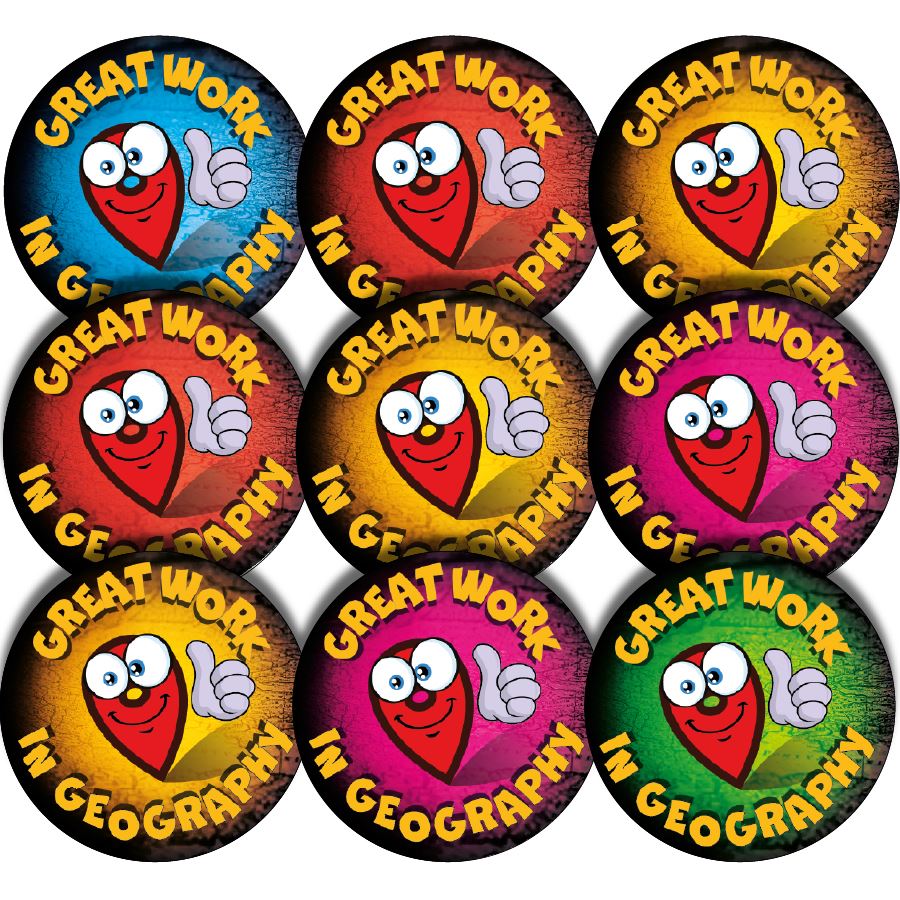 144 Great Work In Geography - 30mm - Glossy Reward Stickers for Teachers & Parents