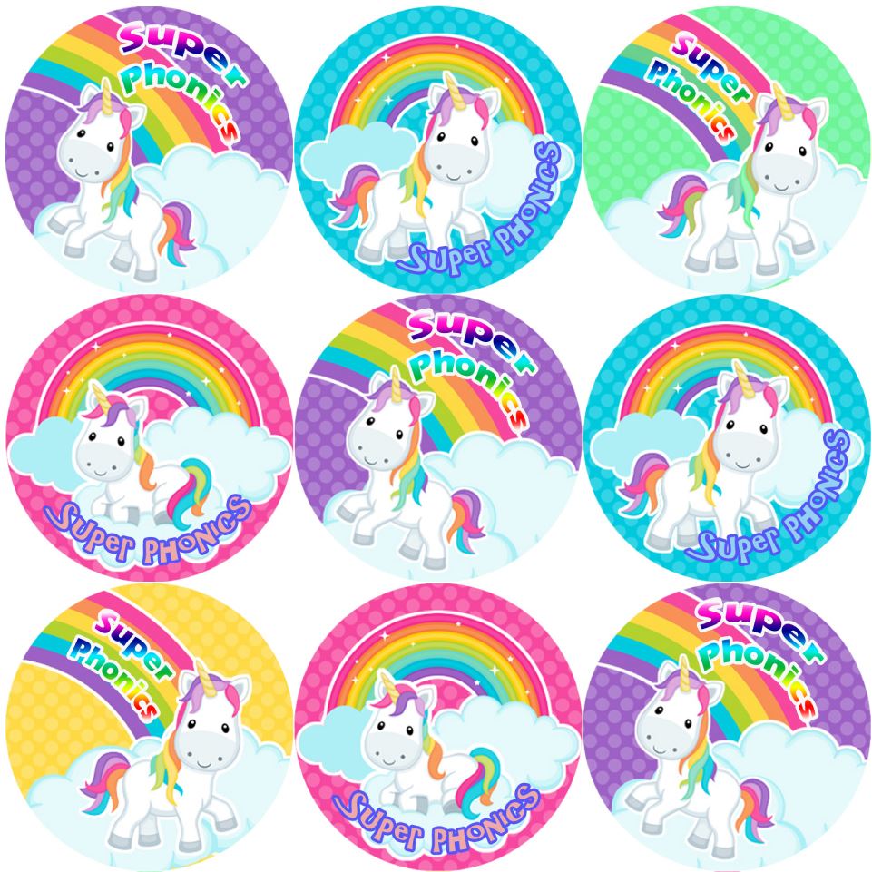 144 Phonics Unicorns 30mm Reward Stickers for School Teachers, Parents and Nursery