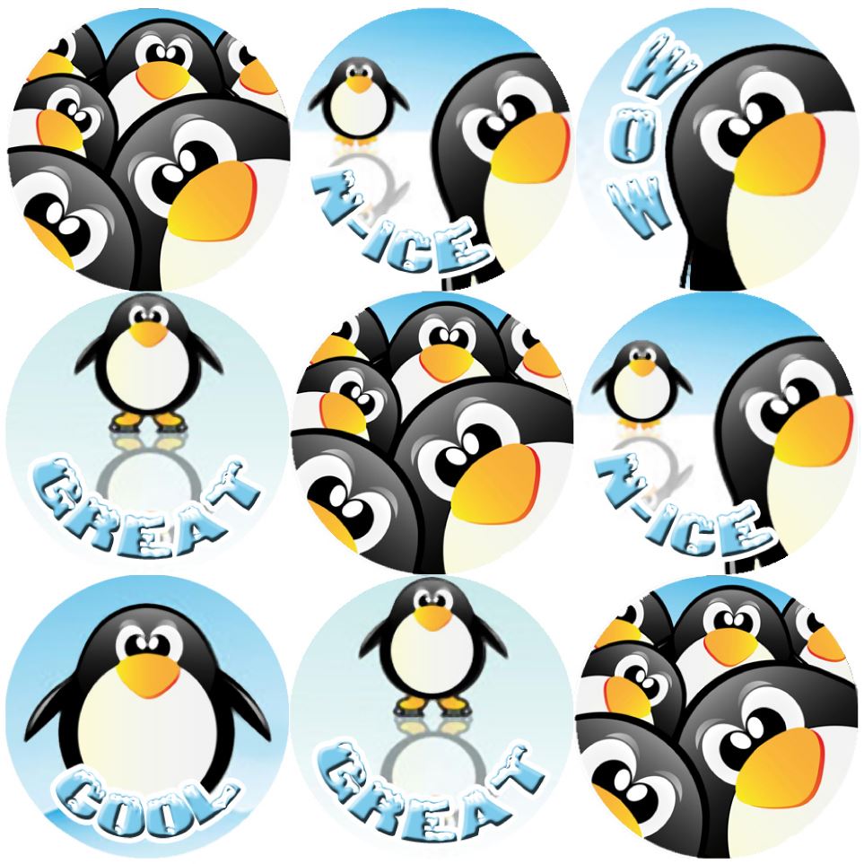 144 Penguin Fun Praise Words 30mm Reward Stickers for Teachers, Parents and Party Bags