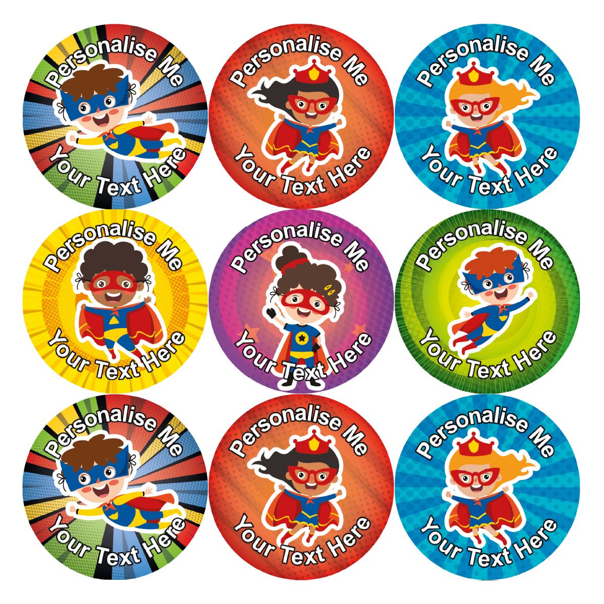 144 Personalised 30mm Superhero Kids Reward Stickers for School Teachers, Parents and Nursery