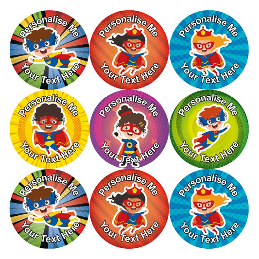 144 Personalised 30mm Superhero Kids Reward Stickers for School Teachers, Parents and Nursery