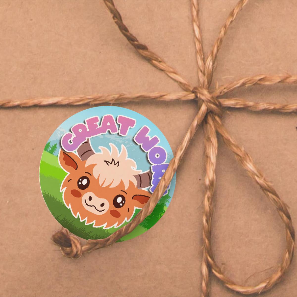144 Highland Cow Praise Words 30mm Reward Stickers for Schools, Teachers and Parents