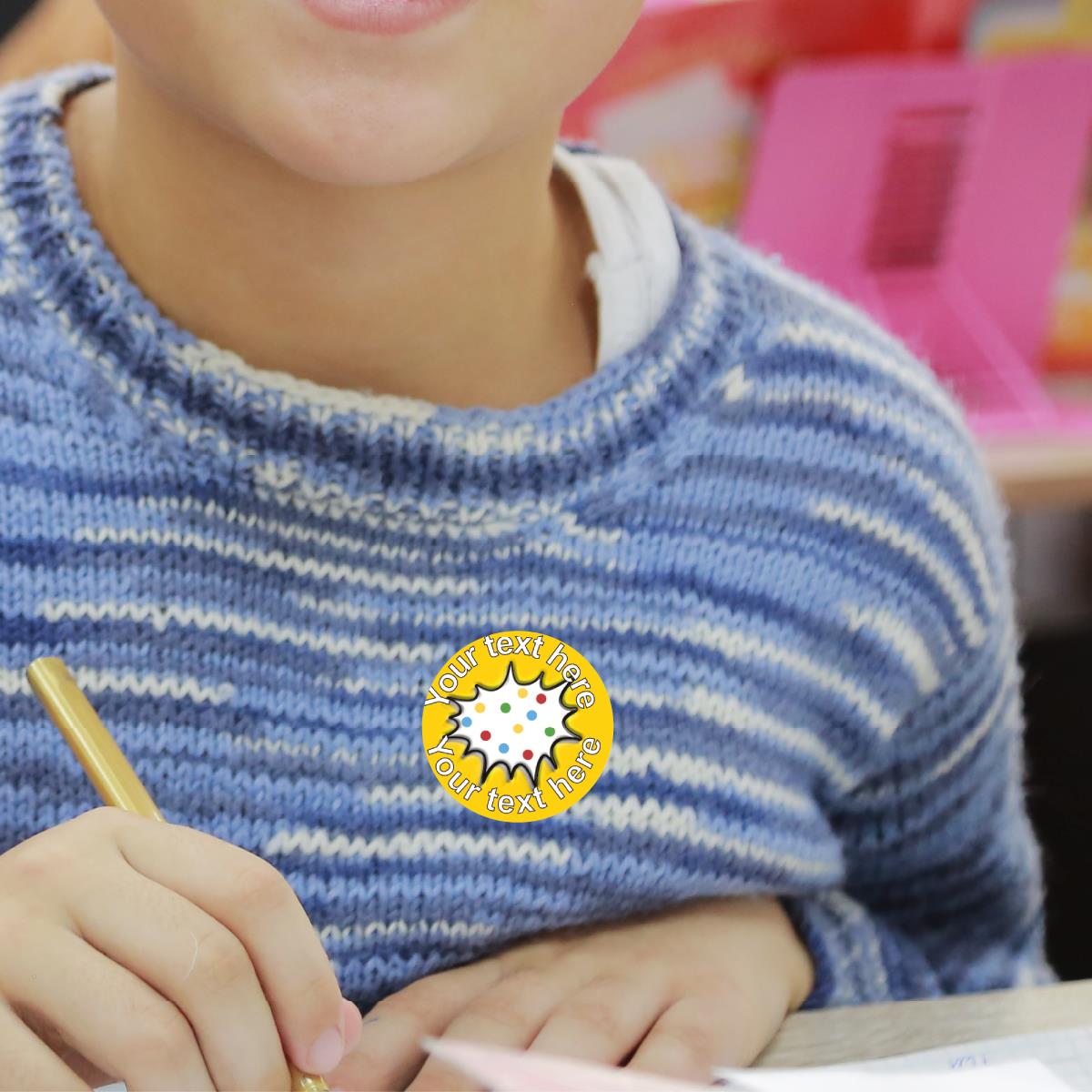 144 Personalised 30mm Yellow Polkadot Comic Children Reward Stickers for School Teachers, Parents and Nursery