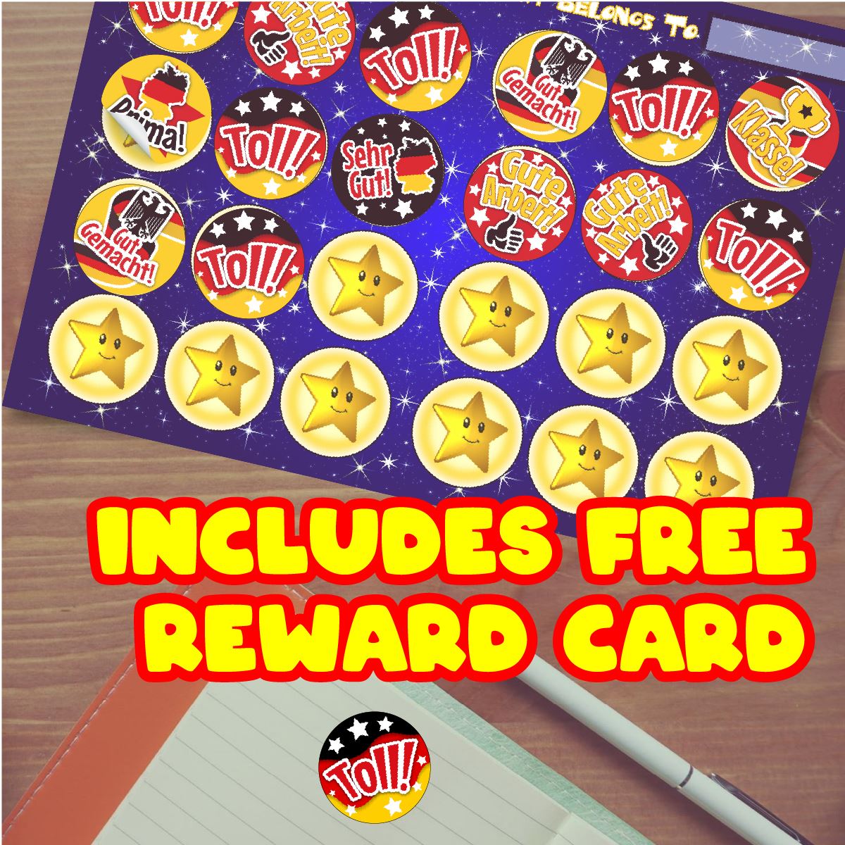 144 Super German Praise Word Stickers - 30mm Glossy Reward Stickers for Teachers & Parents