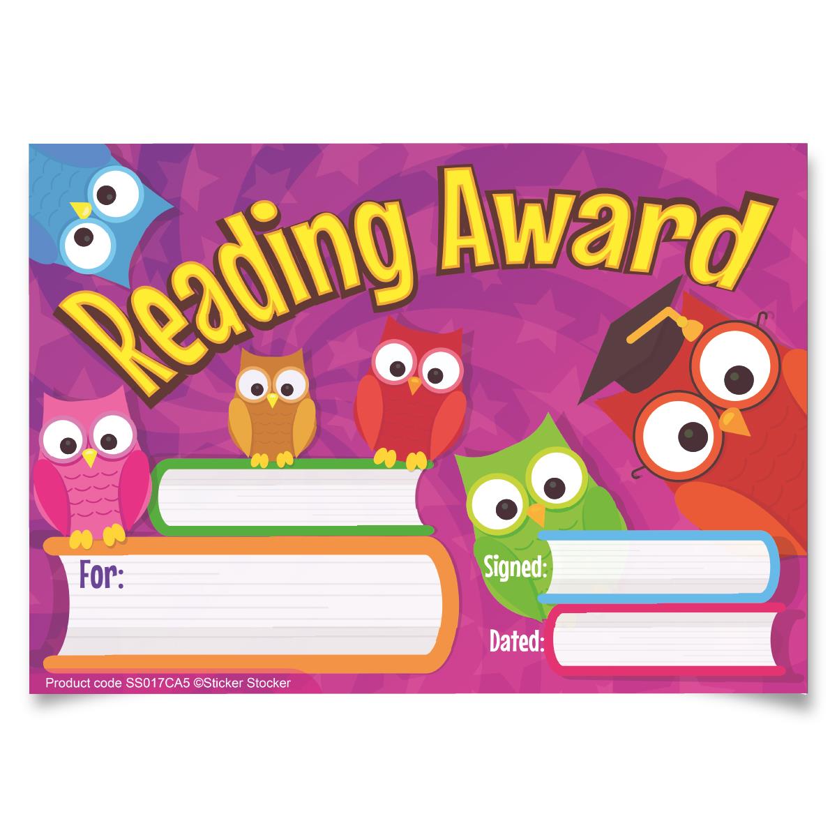 30 Reading Owls Award certificates for school teachers, 250gsm A5 silk finish card