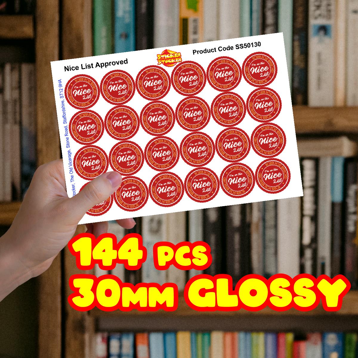 144 Nice List Approved 30mm Reward Stickers for Schools, Grotto's, Christmas Fairs