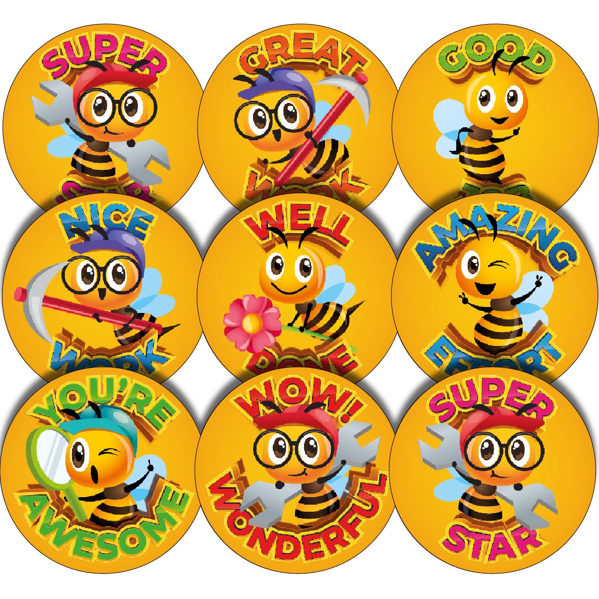144 Worker Bee Praise Words 30mm Glossy Reward Stickers
