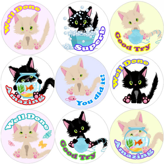 144 Cute Cats Praise Words 30mm Children's Reward Stickers for Teachers or Parents