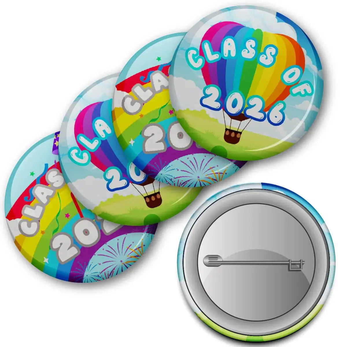 Colorful 'Class of 2026' hot air balloon reward buttons with fireworks, classroom supplies
