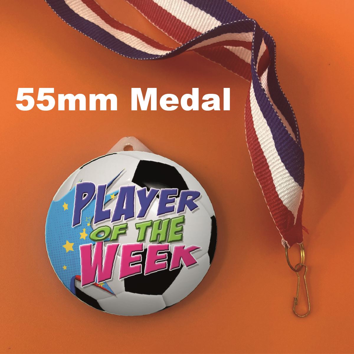 Football Medal Player of the Week 55mm Large Plastic Medal FREE Ribbon and Certificate