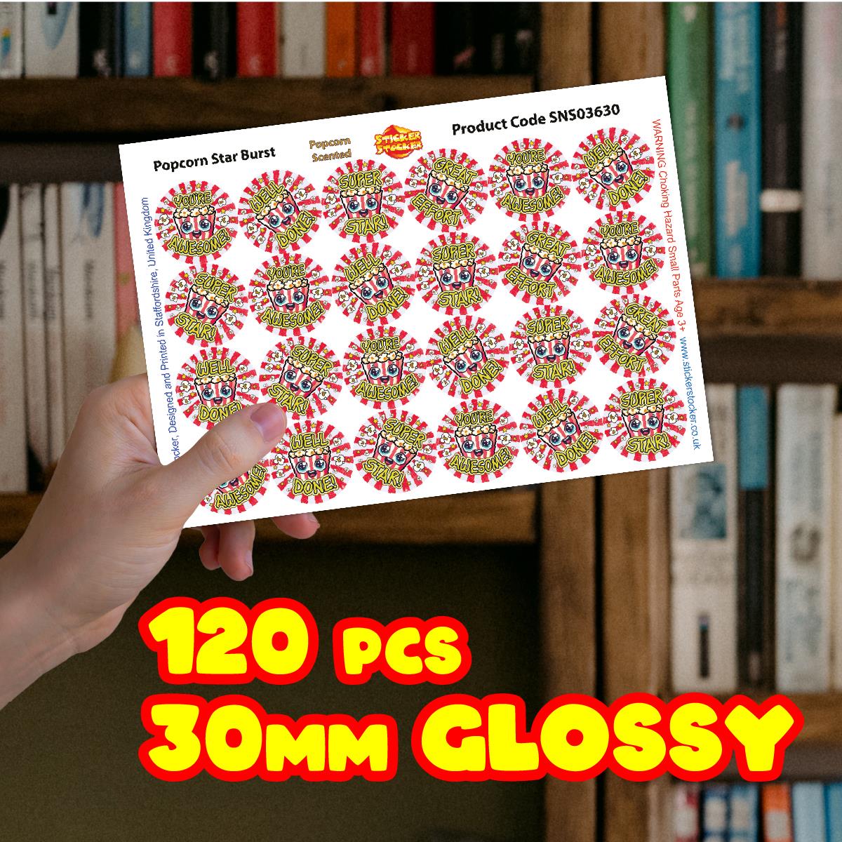 120 Popcorn Starburst Praise 30mm Scented Reward Stickers for Teachers, Parents and Party Bags