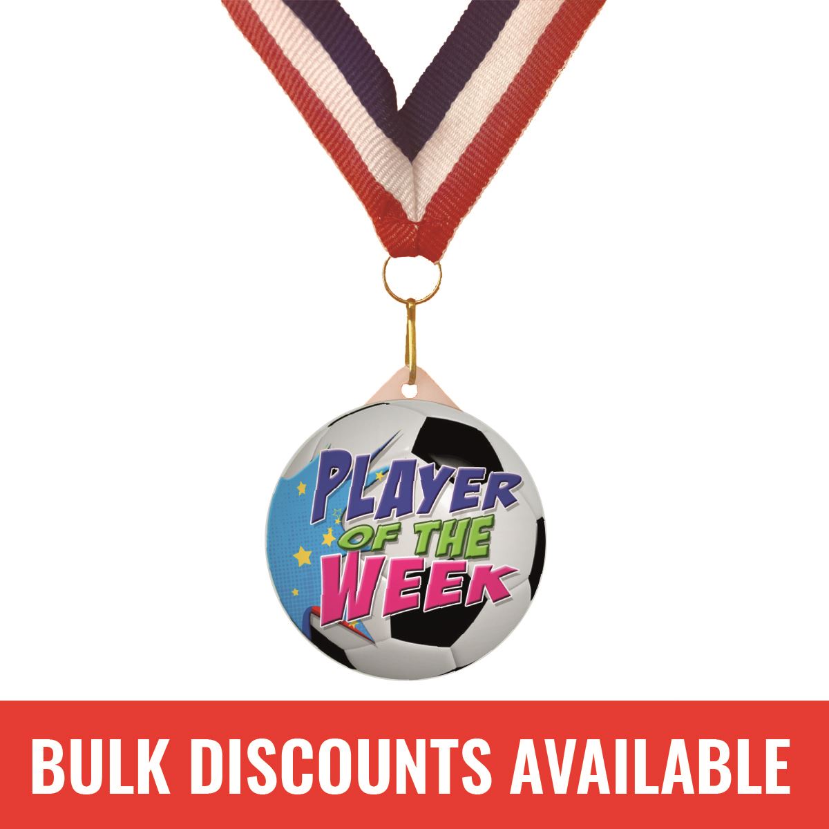 Football Medal Player of the Week 55mm Large Plastic Medal FREE Ribbon and Certificate