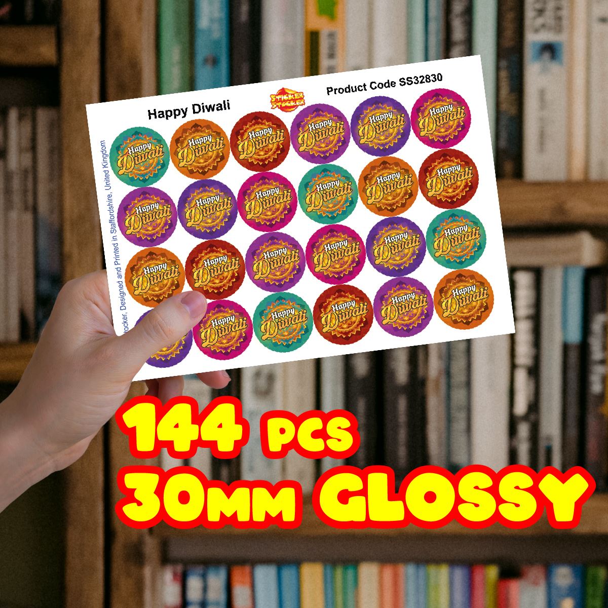 144 Colourful Happy Diwali 30mm Glossy Stickers