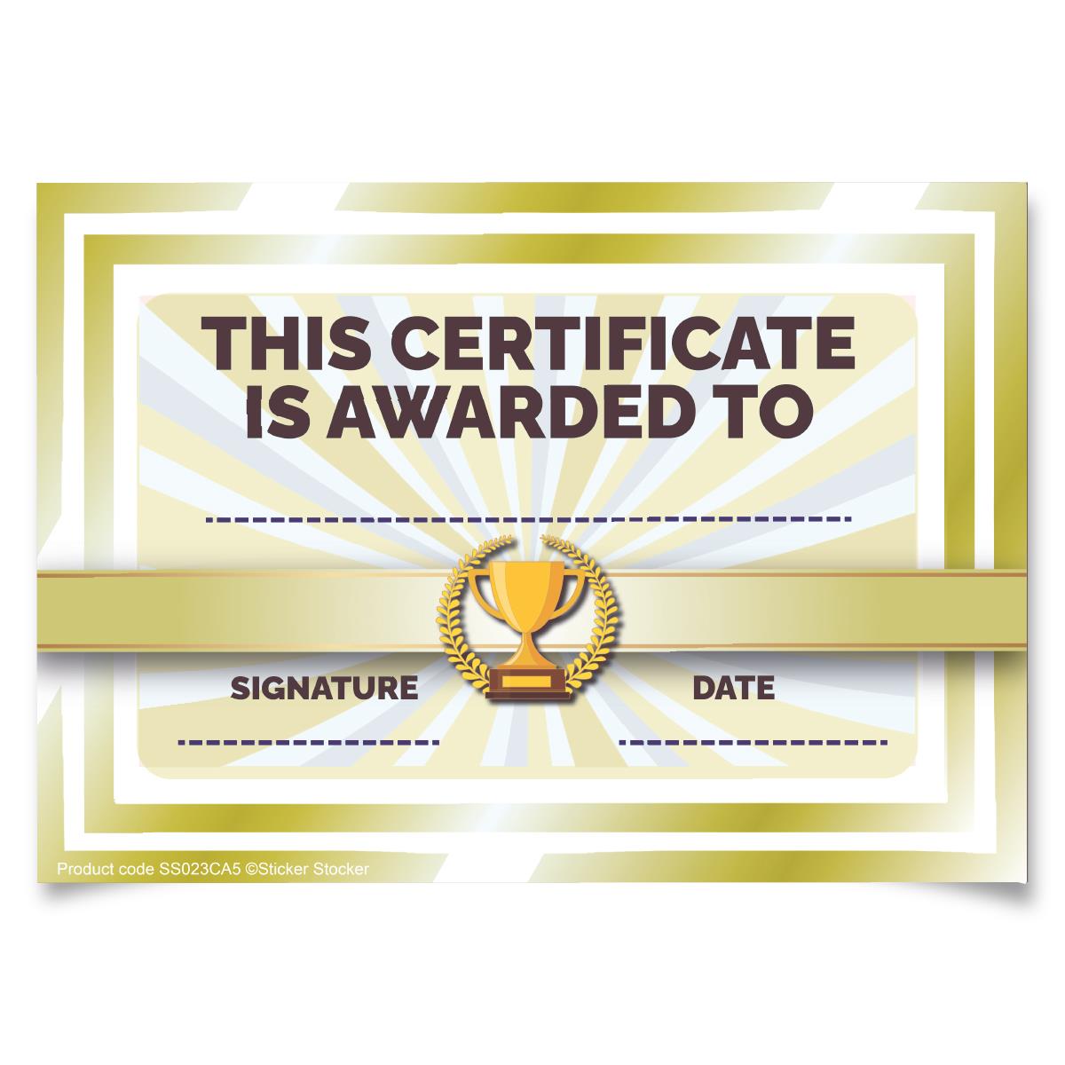 30 Gold Trophy Award certificates for school teachers, 250gsm A5 silk finish card