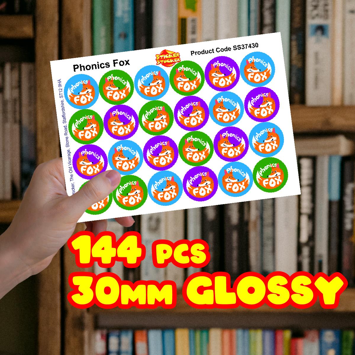 144 Phonics Fox - 30mm - Glossy Reward Literacy Stickers for Teachers & Parents
