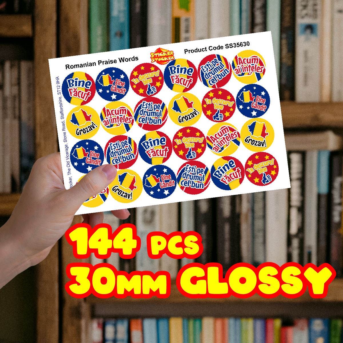 144 Super Romanian Praise Word Stickers - 30mm Glossy Reward Stickers for Teachers & Parents