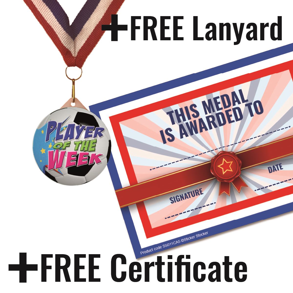 Football Medal Player of the Week 55mm Large Plastic Medal FREE Ribbon and Certificate