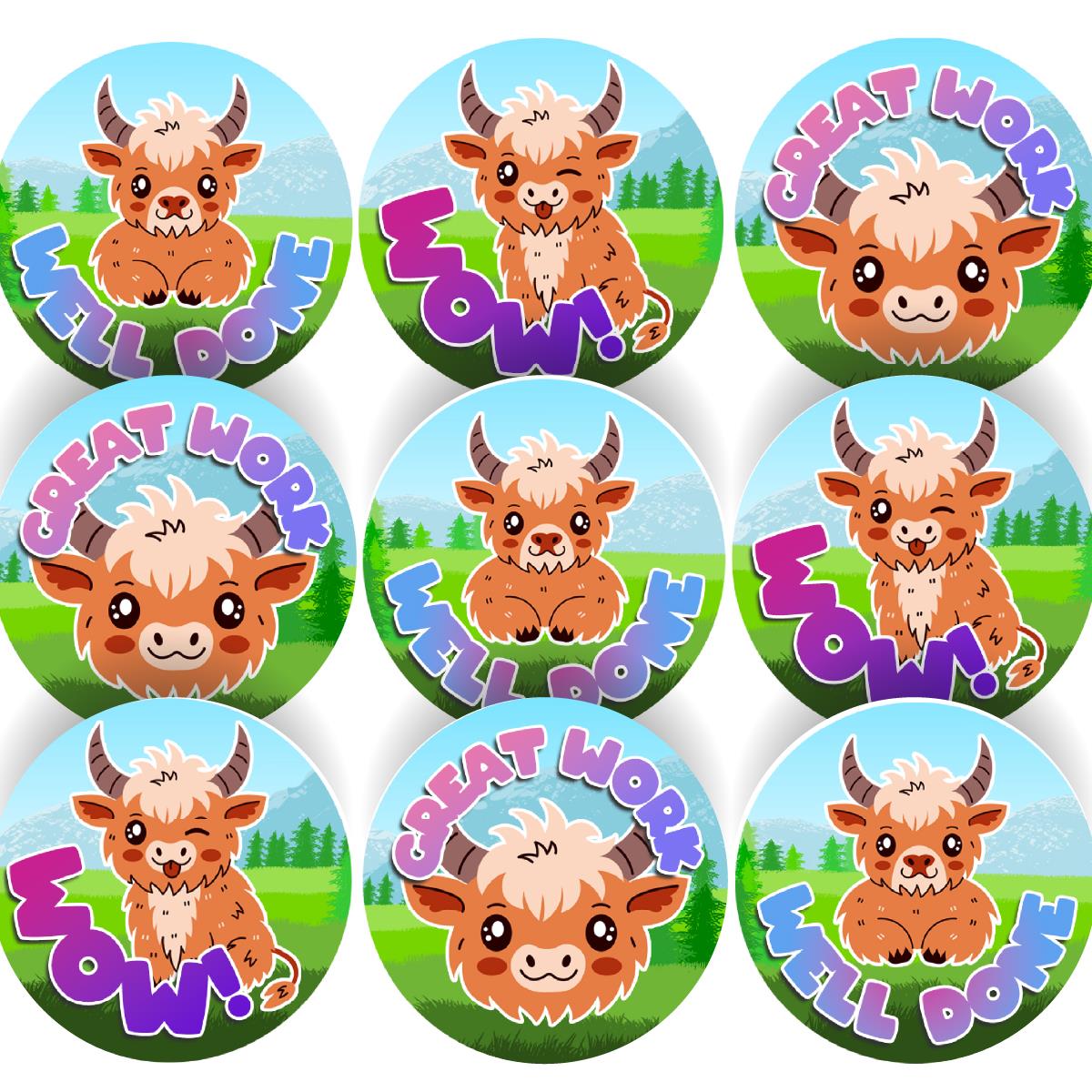 144 Highland Cow Praise Words 30mm Reward Stickers for Schools, Teachers and Parents