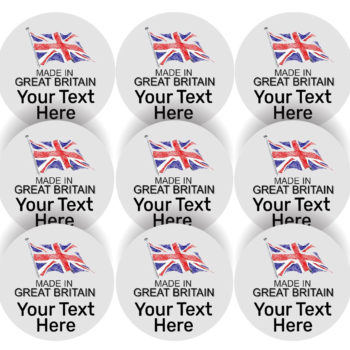 144 Personalised Made in Great Britain 30mm Union Jack UK Glossy Stickers Labels