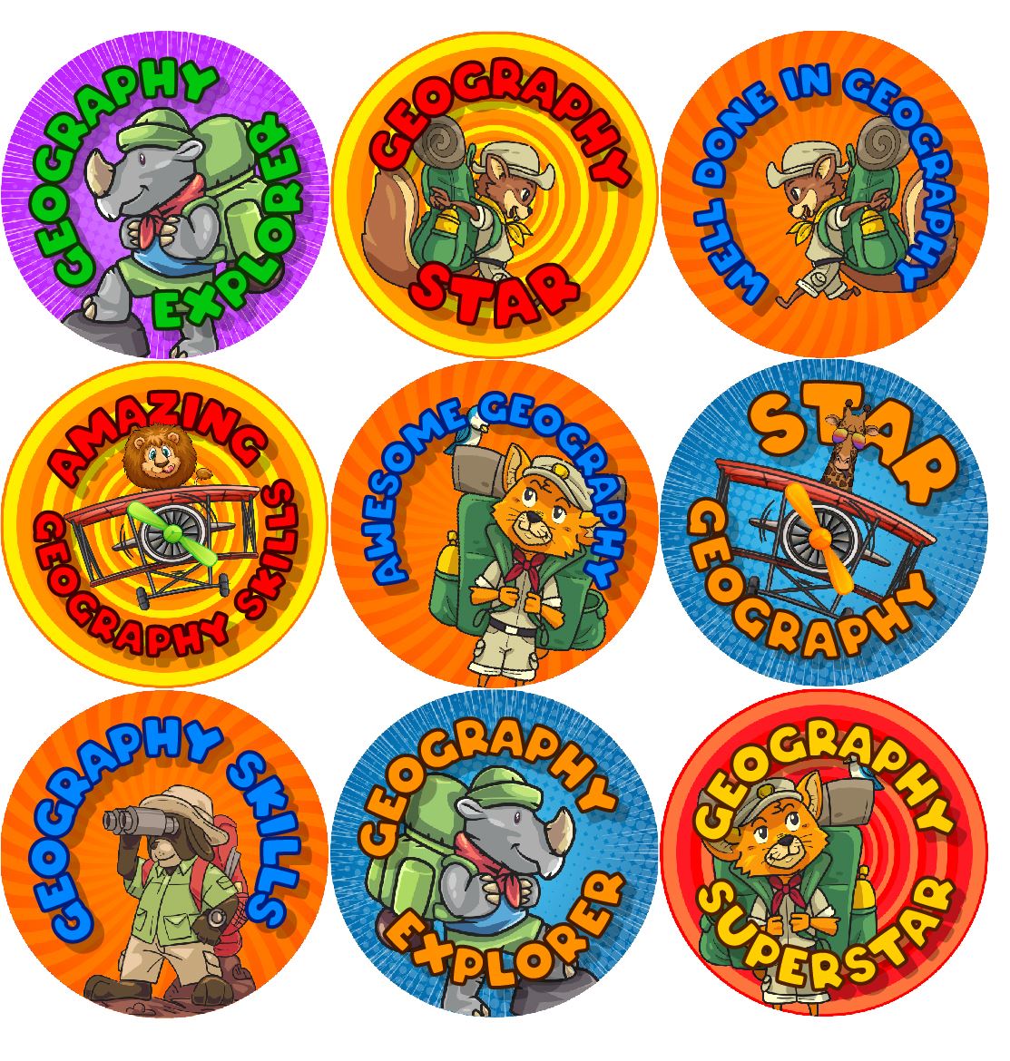 144 Geography Adventure 30mm Stickers Glossy Reward Stickers for School Teachers, Parents and Nursery
