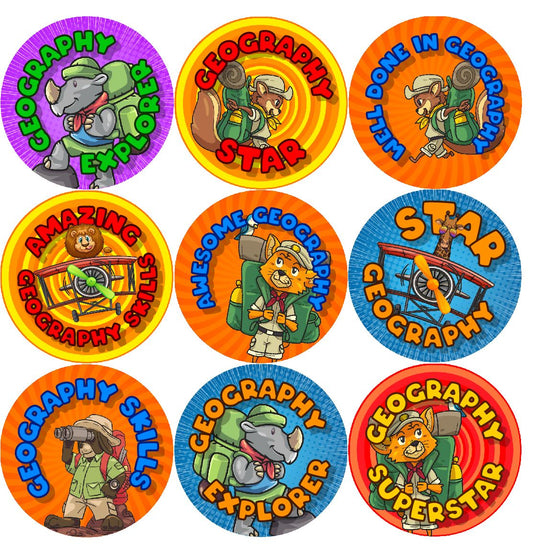144 Geography Adventure 30mm Stickers Glossy Reward Stickers for School Teachers, Parents and Nursery