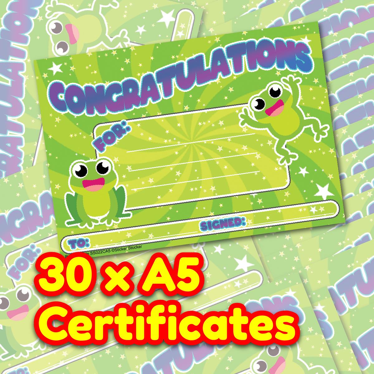 30 Congratulations Frog Award certificates for school teachers, 250gsm A5 silk finish card