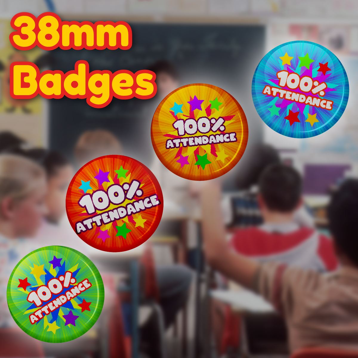 100% Attendance Reward Button Badges (Pack of 20 Pin Badges - 38mm)