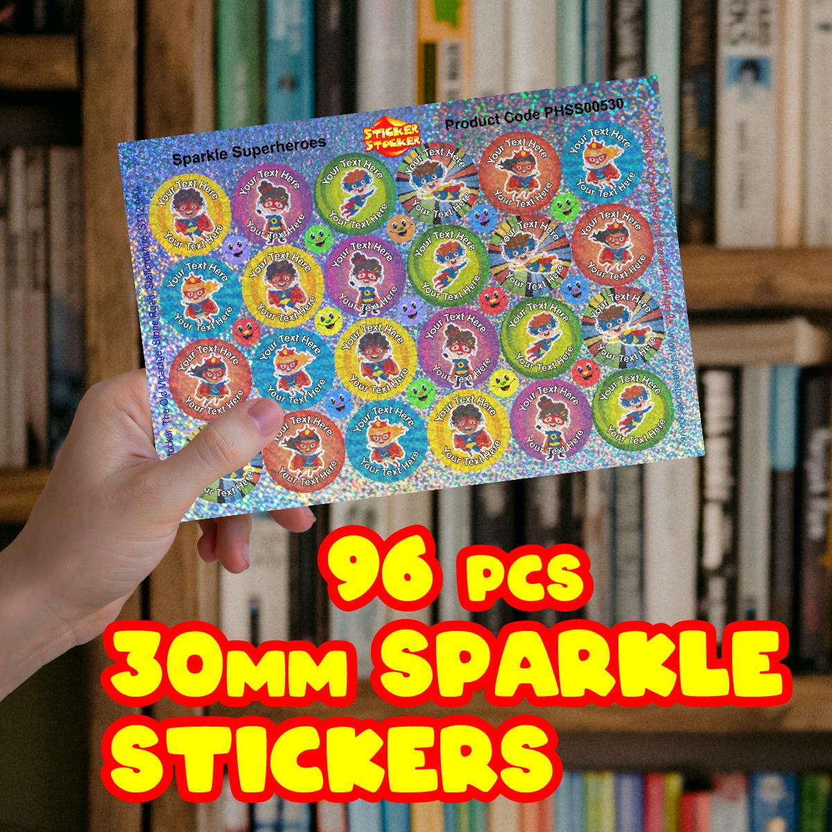 96 Personalised Sparkle Superhero Party 30mm Reward Stickers + 60 Free Sparkle Smiles for School Teachers, Parents and Nursery
