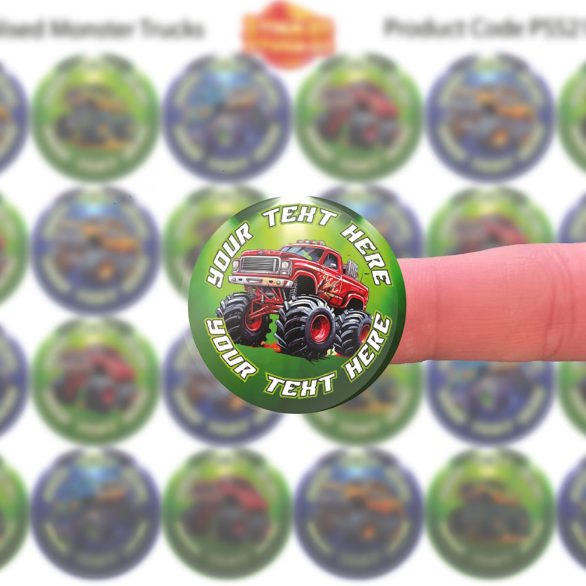 144 Monster Truck Personalised 30mm Children's Reward Stickers for Teachers or Parents and Party Bags