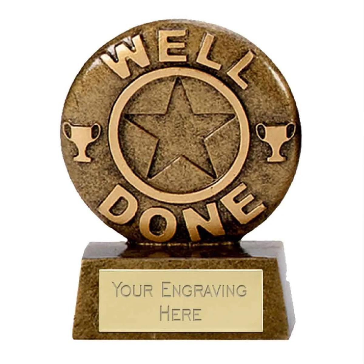 Mini Well Done Star Round Award Trophy 6.5cm Resin FREE engraving and Certificate