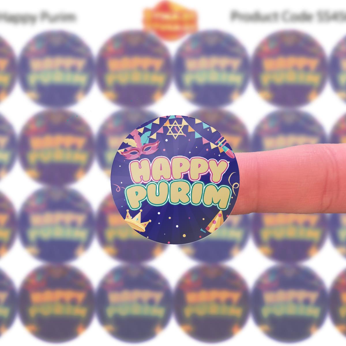 144 Colourful Happy Purim 30mm Glossy Stickers Jewish Celebration