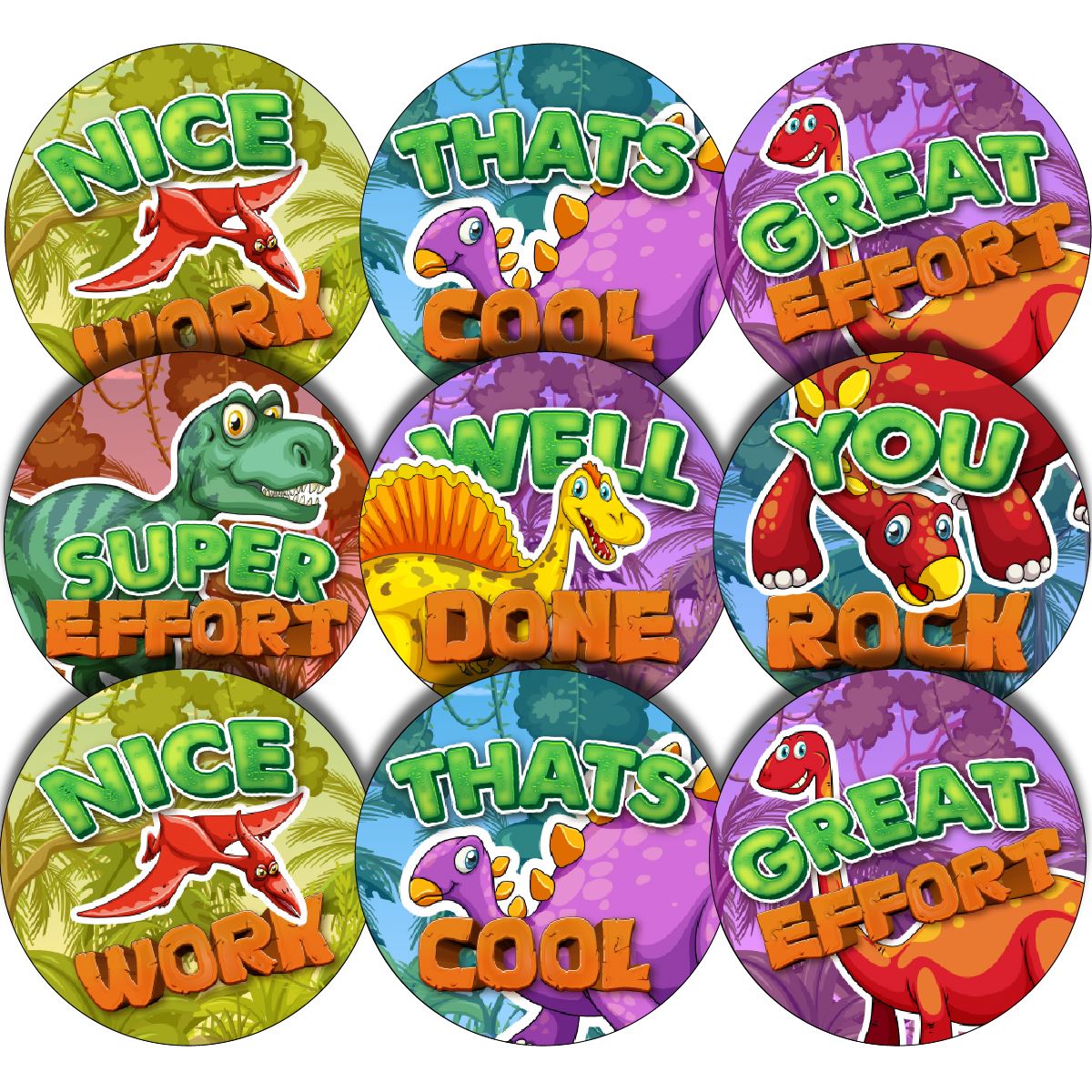 144 Dino Praise Word Rewards 30mm Glossy Stickers