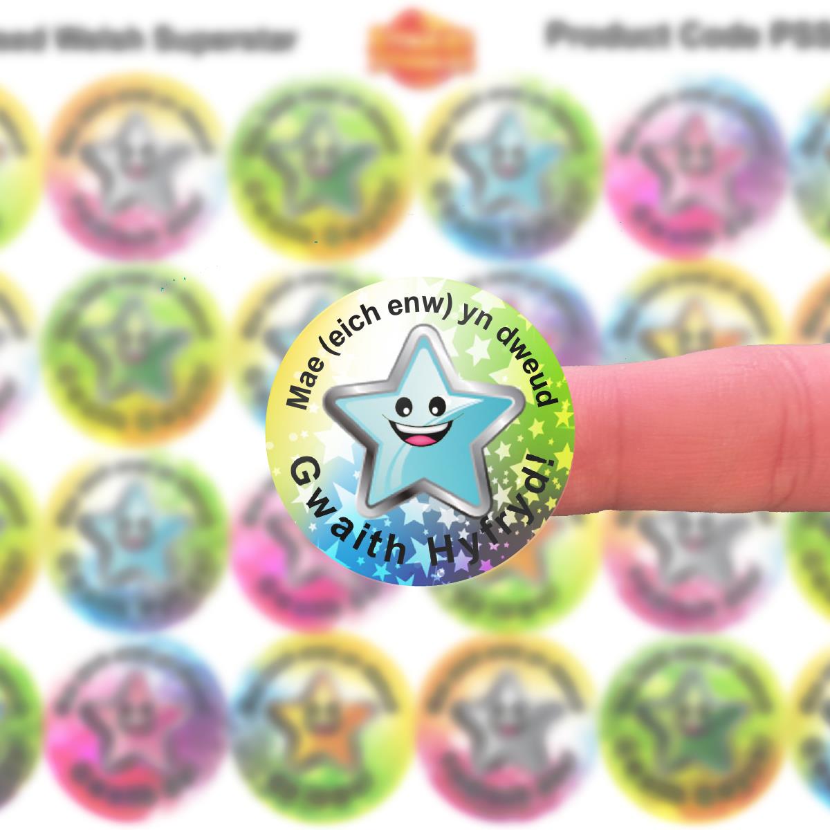 144 Personalised Welsh Superstar 30mm Reward Stickers for School Teachers, Parents and Nursery