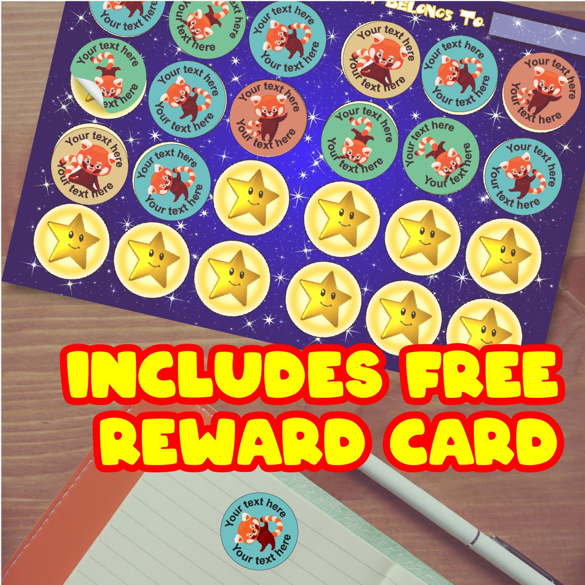 144 Personalised Red Panda 30mm Reward Stickers for School Teachers, Parents and Nursery