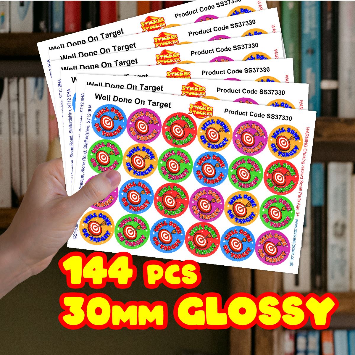 144 Well Done on Target 30mm Glossy Reward Stickers for Teachers & Parents