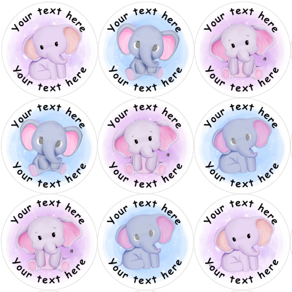 144 Pink and Blue Elephants Personalised 30mm Reward Stickers for School Teachers, Nursery, Baby Showers