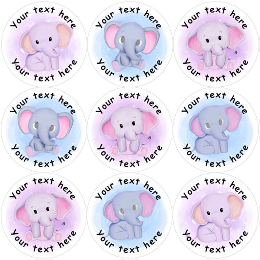 144 Pink and Blue Elephants Personalised 30mm Reward Stickers for School Teachers, Nursery, Baby Showers