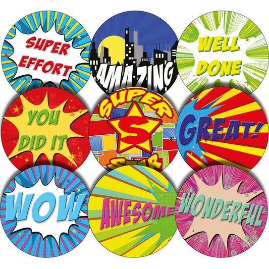 144 Superhero Comic Praise Words 30mm Reward Stickers for Teachers, Parents and Party Bags
