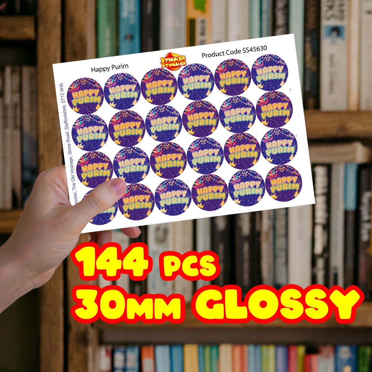 144 Colourful Happy Purim 30mm Glossy Stickers Jewish Celebration