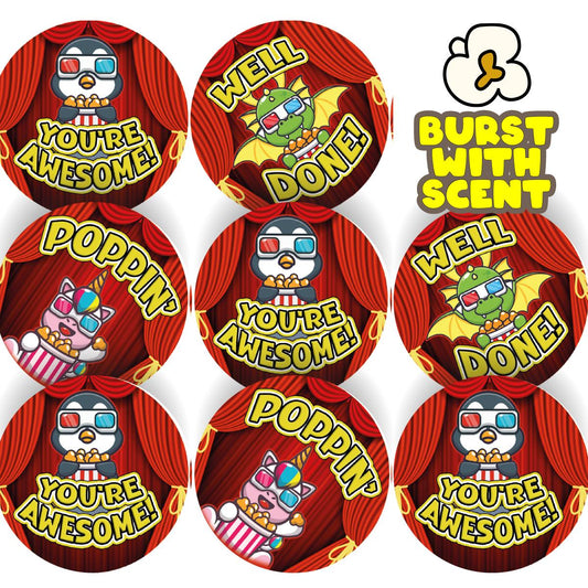 120 Popcorn Cinema 30mm Scented Reward Stickers for Teachers, Parents and Party Bags