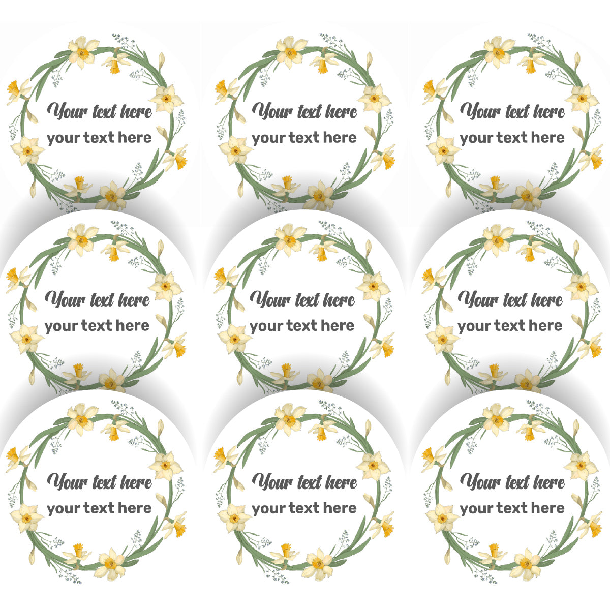 144 Daffodil Wreath Personalised 30mm Stickers Events, Weddings, Crafts, Engagement
