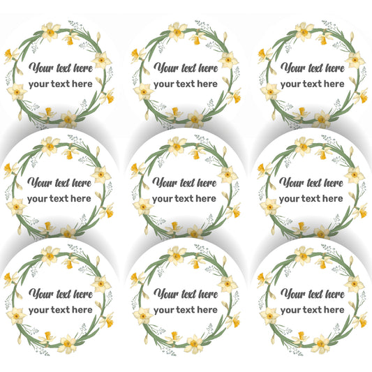 144 Daffodil Wreath Personalised 30mm Stickers Events, Weddings, Crafts, Engagement