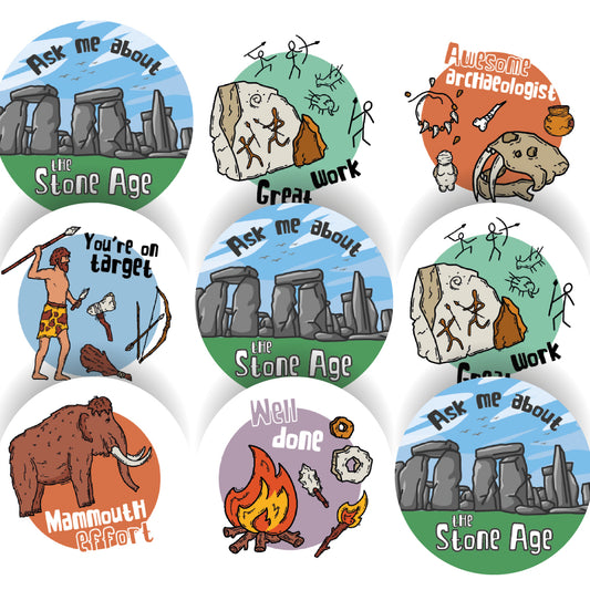 144 Stone Age Praise Words - History Teacher Reward Stickers Size 30mm