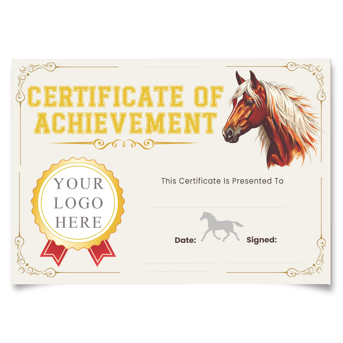Certificate of achievement with horse illustration, gold border, and customizable logo badge.