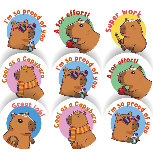 144 Capybara Praise Words 30mm Reward Stickers for Schools, Teachers and Parents