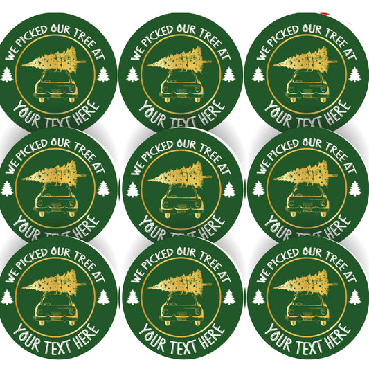 144 Personalised We Picked Our Tree 30mm Christmas Stickers for Families, Farms, Santa's Grotto's