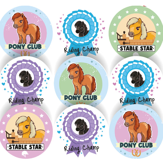 Colorful pony reward stickers with cartoon horses, Riding Champ and Stable Star designs